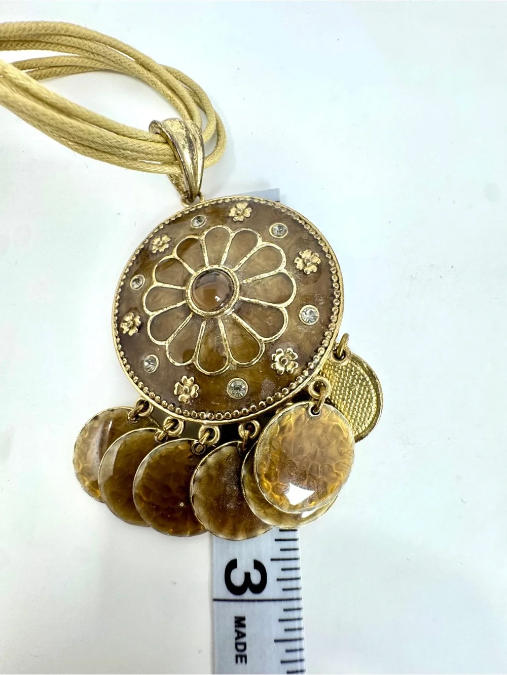 Vintage Boho Gold Tone Filigree Medallion Pendant Multi Strand Corded Necklace